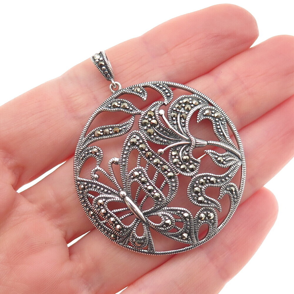 Ross Simons 925 Sterling Silver Vintage Real Marcasite Butterfly Floral Pendant